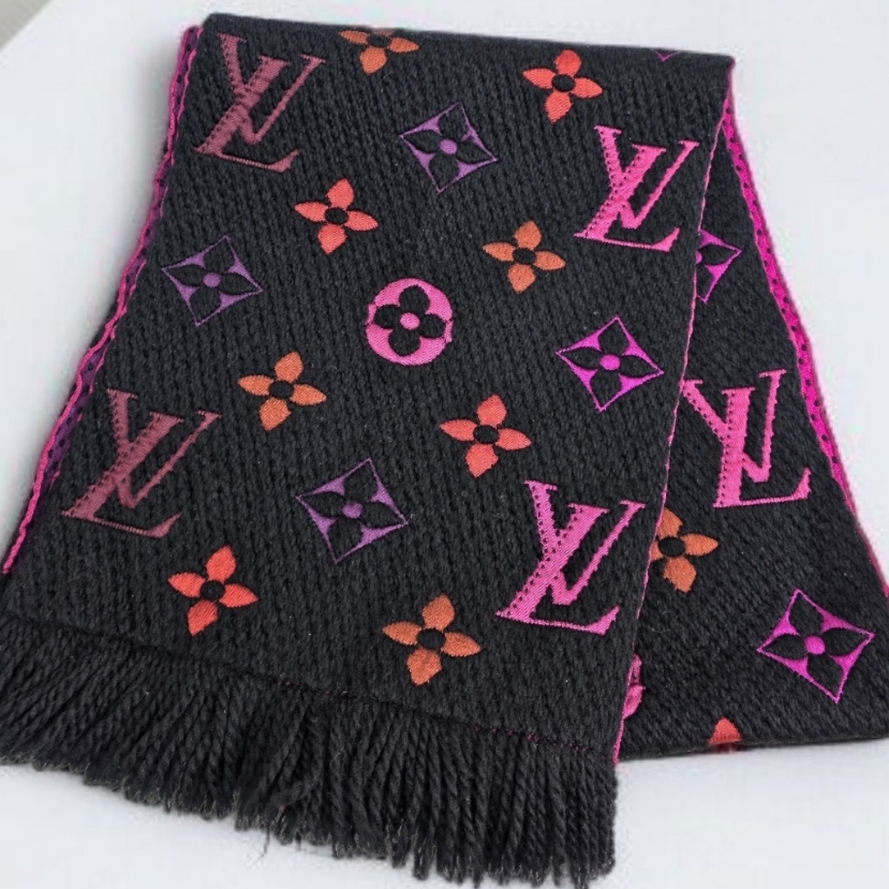 Louis Vuitton Echarpe Logomania Rainbow Wool Silk Scarf Black Pink